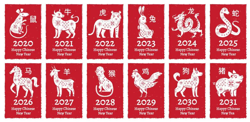 Chinese New Year Zodiac seal. Traditional china horoscope animals greeting card banner seals stamps vector set