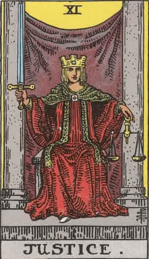 Justice Tarot Card from Rider Waite Deck. A Queen dressed in red holds scales in one hand and a sword in the other.