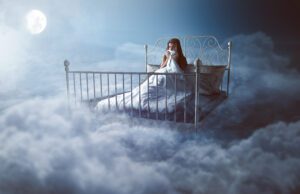 woman scared in bed on clouds