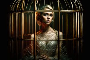woman in gilded cage, represents 8 of swords tarot card