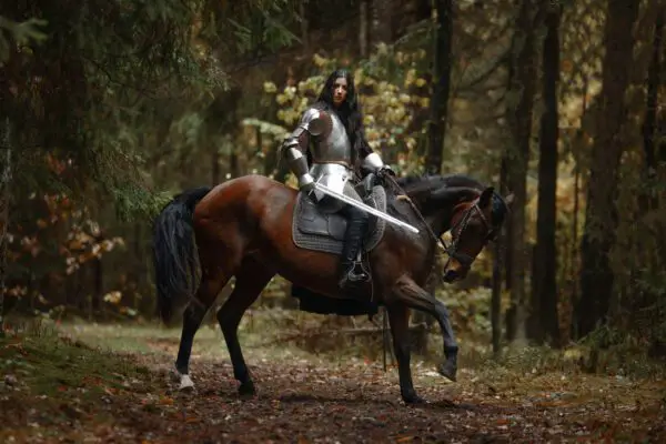 female knight on horse in woods, the knight of swords